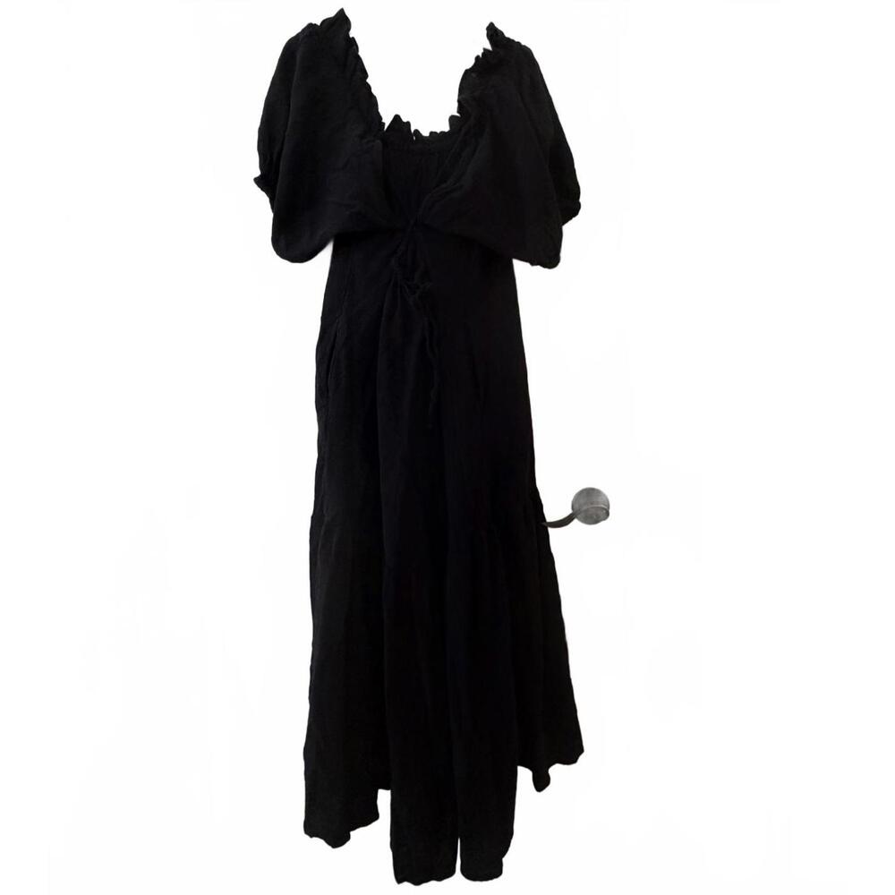 EUC Free People Black Puff Sleeve Midi Dress with Ruffle Neckline size XS